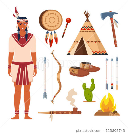 Native american indians and traditional clothes set, weapons and cultural symbols. bow, arrows, tambourine, wigwam, moccasins, tomahawk, peace pipe. 113806743