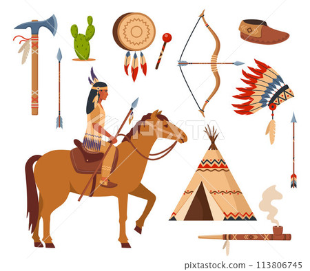 Native american indians and traditional clothes set, weapons and cultural symbols. bow, arrows, tambourine, wigwam, moccasins, tomahawk, peace pipe. Native american indians and traditional clothes set, weapons and cultural symbols. bow, arrows, tambourine, wigwam, moccasins, tomahawk, peace pipe. 113806745