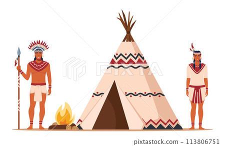 Native American Indians in Traditional Ethnic Clothes with Feathers in Their Head standing Near Tipi or wigwam. American Indians couple in traditional national costumes. Native American Indians in Traditional Ethnic Clothes with Feathers in Their Head standing Near Tipi or wigwam. American Indians couple in traditional national costumes. 113806751