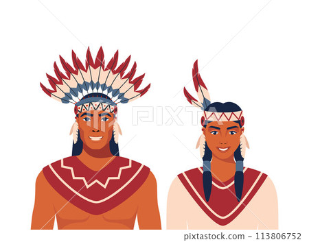 American Indians man and woman couple in traditional national clothes. Native americans wearing traditional costumes. Woman in national dress. Man in feather headdress. 113806752