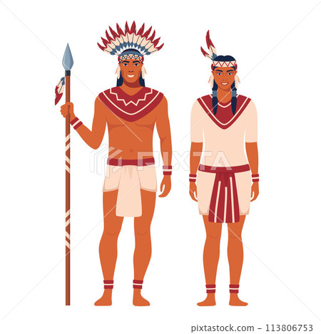 American Indians man and woman couple in traditional national clothes. Native americans wearing traditional costumes. Woman in national dress. Man in feather headdress and with a spear. American Indians man and woman couple in traditional national clothes. Native americans wearing traditional costumes. Woman in national dress. Man in feather headdress and with a spear. 113806753