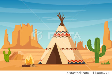 Teepee, lodge or wigwam. Traditional camp, tent style handmade home for indigenous people, Native Americans. 113806772