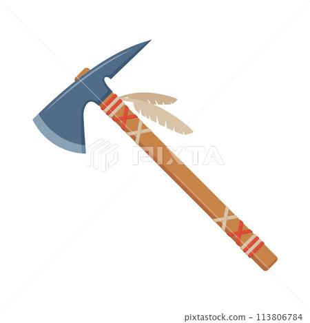 Tomahawk axe decorated with feathers. Native american indians tomahawk. Tomahawk axe decorated with feathers. Native american indians tomahawk. 113806784