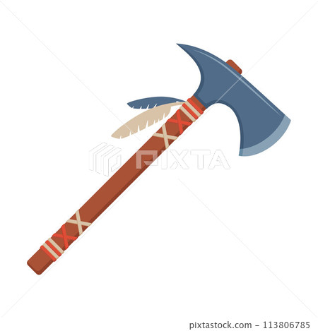 Tomahawk axe decorated with feathers. Native american indians tomahawk. 113806785