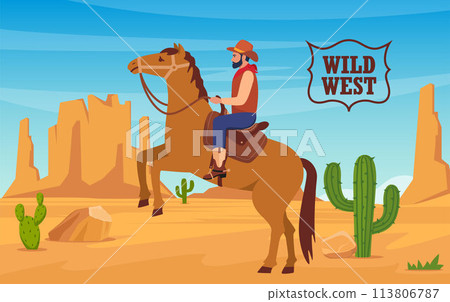 Desert landscape with cowboy on horse, mountains, cactuses. Wild West Texas in flat style. Western scene. Wild West Arizona. Vector illustration. 113806787