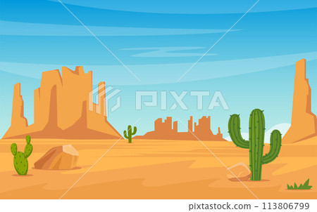 Texas desert landscape with cactuses, hills, plants and mountains. Western scene. Wild West Texas. Mexican desert. Vector illustration. 113806799