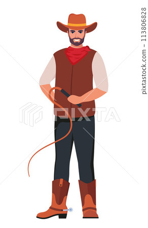 Portrait of happy smiling cowboy in hat standing in retro western outfit. American man from wild west with whip in hand. Flat vector illustration isolated on white background. Portrait of happy smiling cowboy in hat standing in retro western outfit. American man from wild west with whip in hand. Flat vector illustration isolated on white background. 113806828