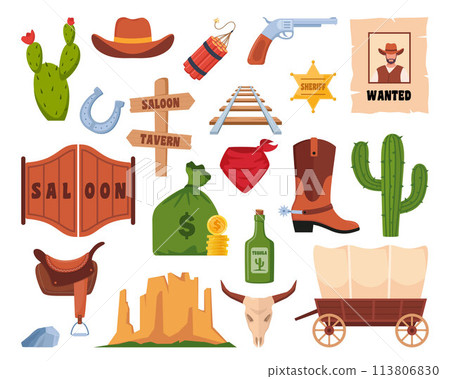 Wild West icons, set. Western and cowboy elements. Signboard, saloon door, wanted poster, sheriff badge, cactus, cow skull, cowboy hat, revolver, wagon. Texas symbols. Vector illustration. 113806830