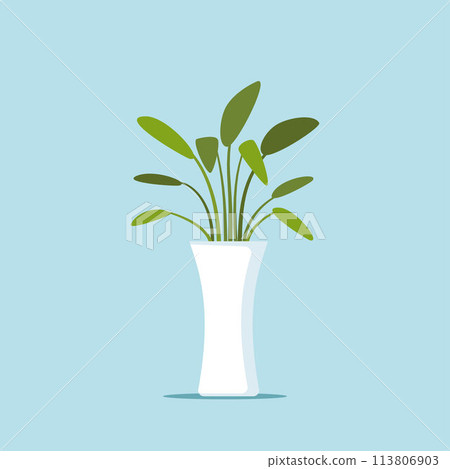 Bunch of plants in white vase, decorative foliage. Botanical decoration. Vector illustration. 113806903