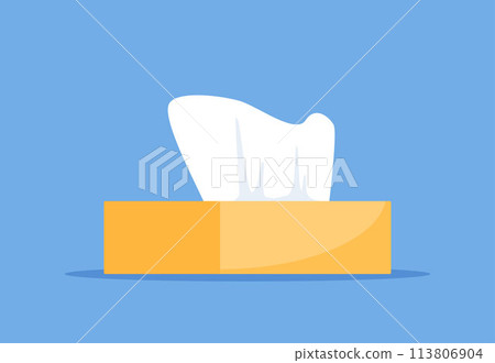 Tissue box. Yellow napkin box on blue background, cute vector illustration. Tissue box. Yellow napkin box on blue background, cute vector illustration. 113806904