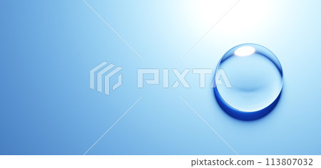 A single drop of water on a blue background. Copy space. 3D (landscape) 113807032