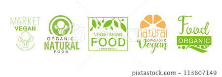 Green Vegan Organic Natural Food Label Vector Set Green Vegan Organic Natural Food Label Vector Set 113807149