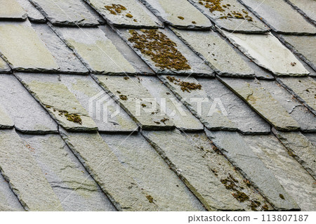 Closeup of dark grey stone roof tiles 113807187