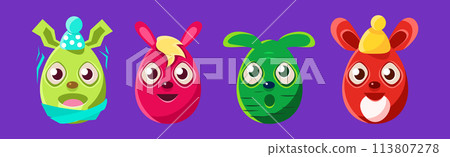Bunny in Shape of Oval Egg of Different Color Vector Set 113807278