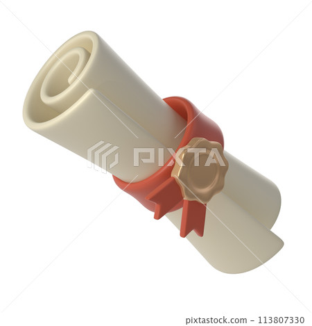 3d illustration of Degree Diploma or graduation scroll with red ribbon Icon. Render Education paper element for decoration poster, banner 113807330