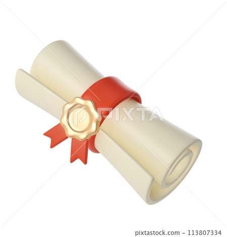 3d illustration of Degree Diploma or graduate scroll with red ribbon Icon. Render Education paper element for decoration poster, banner 113807334