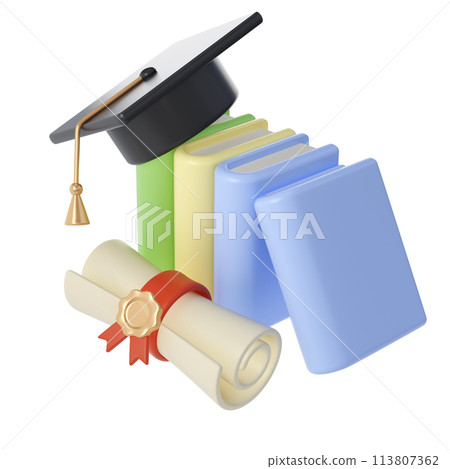 3D Closed Books, Diploma scroll and university or college black cap graduate Icon. Render Education or Business Literature. E-book, Encyclopedia, Textbook Illustration 3D Closed Books, Diploma scroll and university or college black cap graduate Icon. Render Education or Business Literature. E-book, Encyclopedia, Textbook Illustration 113807362