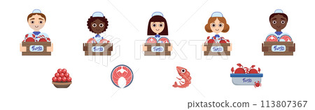Seafood Market Design Flat Element with Fresh Marine Product and Seller Vector Set Seafood Market Design Flat Element with Fresh Marine Product and Seller Vector Set 113807367