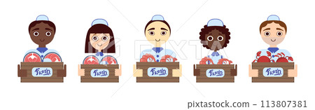 Seafood Market Design Flat Element with Man and Woman Sell Fresh Marine Product Vector Set. 113807381