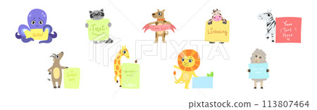 Funny Animal Character Holding Banner or Placard Vector Set 113807464