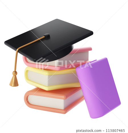 3D Stack of Closed Books and university or college black cap graduate Icon. Render Education or Business Literature. E-book, Literature, Encyclopedia, Textbook Illustration 113807465