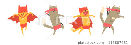 Funny Superhero Cat in Red Cape and Mask Vector Set Funny Superhero Cat in Red Cape and Mask Vector Set 113807481