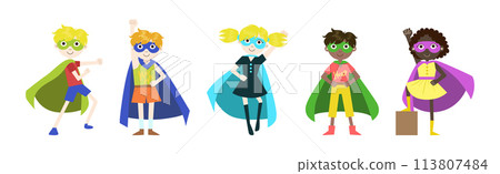Cute Baby Kids Superhero Character in Cape Vector Set 113807484