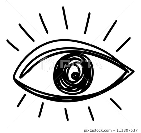 Hand drawn eye icon in simple doodle style. Open black eye with lines. Monochrome design 113807537