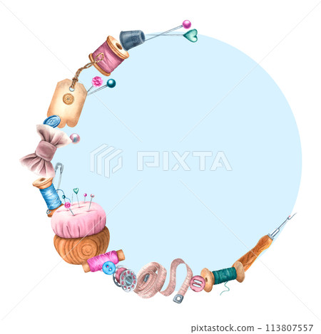 Semicircular composition with a pincushion, tape measure, bow, label, threads. Hand drawn watercolor illustration isolated on colored background. Template for greeting cards, logos for seamstress. Semicircular composition with a pincushion, tape measure, bow, label, threads. Hand drawn watercolor illustration isolated on colored background. Template for greeting cards, logos for seamstress. 113807557