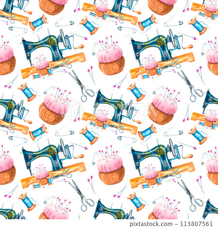 Seamless pattern with sewing machine, pincushion, safety pin, pins and needles. Hand drawn watercolor illustration on isolated background for print, textile design, cards. Decor for clothes. 113807561