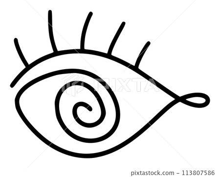 Hand drawn eye icon in simple doodle style. Open black eye with lines. Monochrome design 113807586