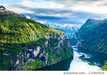 View on Geirangerfjord from Flydasjuvet viewpoint Norway 113807616