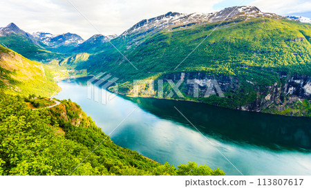 View on Geirangerfjord from Flydasjuvet viewpoint Norway View on Geirangerfjord from Flydasjuvet viewpoint Norway 113807617