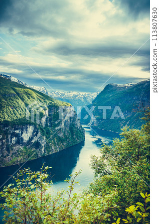 View on Geirangerfjord from Flydasjuvet viewpoint Norway 113807630