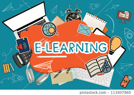 Word e-learning surrounded by various school supplies and laptop on blue background 113807860