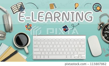 E-learning text with headphone, clock on blue background. Online education concept 113807862
