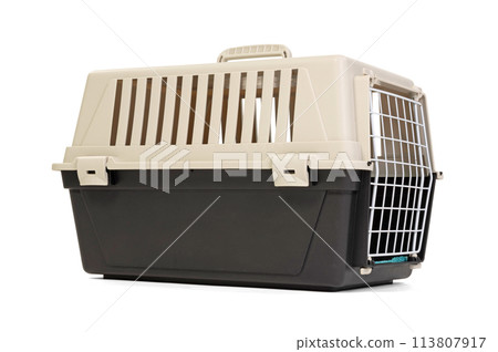 Pet travel plastic carrier isolated on white Pet travel plastic carrier isolated on white 113807917