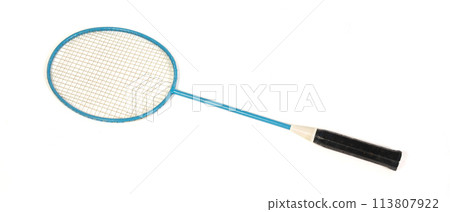 Old badminton racket on a white background. Old badminton racket on a white background. 113807922