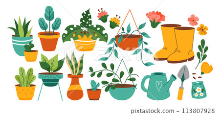 Hand drawn flower and plants collection set with gardening tools 113807928