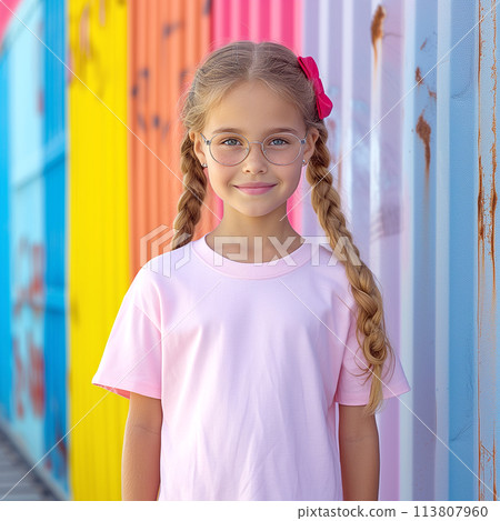 Schoolgirl standing in front of whiteboard. Pink Bella Canvas 3001T Kid Mockup. 113807960