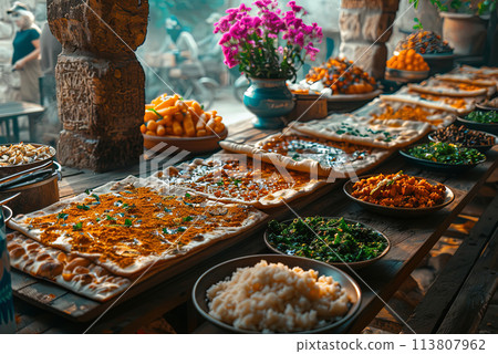 Festive table set with kosher food for the celebration of Passover 113807962