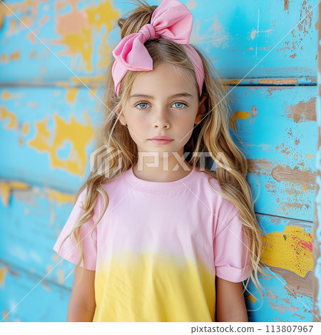 Schoolgirl standing in front of whiteboard. Pink Bella Canvas 3001T Kid Mockup. 113807967