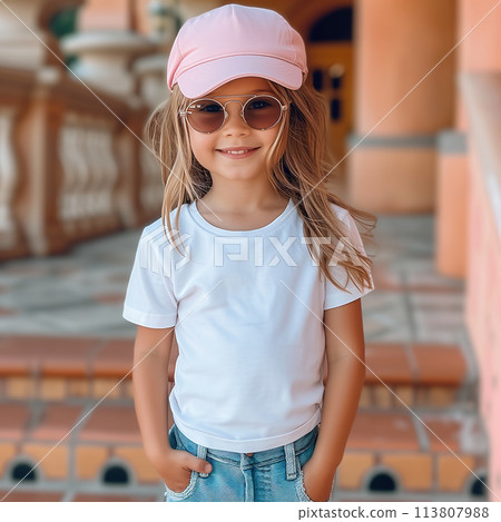 Little girl in blue dress and sunglasses. Kid Mockup Model Pink Shirt, Pink Bella Canvas 3001T Kid Mockup. Little girl in blue dress and sunglasses. Kid Mockup Model Pink Shirt, Pink Bella Canvas 3001T Kid Mockup. 113807988