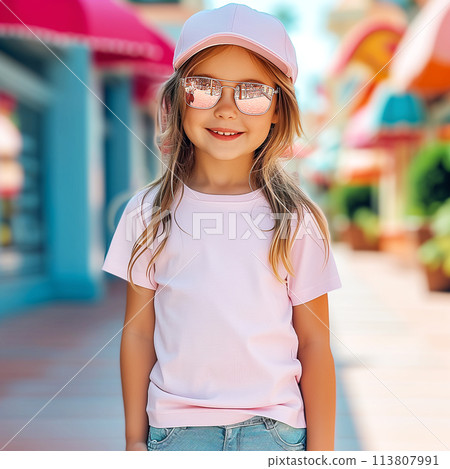 Cute little girl in sunglasses posing on street. Kid Mockup Model Pink Shirt, Pink Bella Canvas 3001T Kid Mockup. Cute little girl in sunglasses posing on street. Kid Mockup Model Pink Shirt, Pink Bella Canvas 3001T Kid Mockup. 113807991