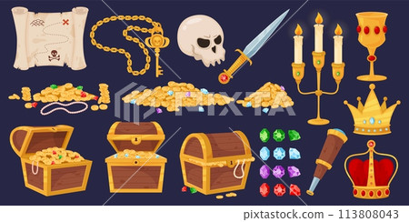Cartoon pirate trophies. Treasure in wooden chests. Golden coins. Human skull. Antique sword and spyglass. Jewel crown. Medieval box. Gemstones heap. Fabulous wealth. Recent vector set 113808043