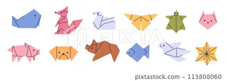 Color origami animals. Paper fauna creations. Dove birds. Folded fish and mammals. Decorative shapes. Japanese hobby. Asian art. Pinwheel star. Low polygonal figures. Garish vector set 113808060