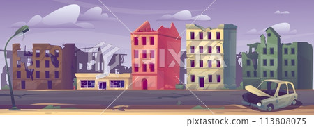 Damaged city landscape. Panorama of town ruin. Abandoned buildings with fissures. Post apocalyptic cityscape. Broken houses. Warzone architecture. Earthquake destruction. Vector concept Damaged city landscape. Panorama of town ruin. Abandoned buildings with fissures. Post apocalyptic cityscape. Broken houses. Warzone architecture. Earthquake destruction. Vector concept 113808075