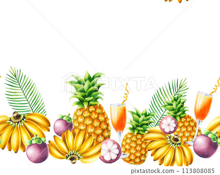 Tropical seamless frame with glass goblet with orange cocktail, mangosteens, bananas, pineapples and palm leaves. Watercolor ripe fruits illustrations isolated on background. For designers, decoration Tropical seamless frame with glass goblet with orange cocktail, mangosteens, bananas, pineapples and palm leaves. Watercolor ripe fruits illustrations isolated on background. For designers, decoration 113808085