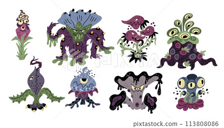 Monster plants. Carnivore flowers. Fantastic angry flora. Predatory botanical mascots. Dangerous blossoms. Creepy flytraps with eyes or teeth. Cartoon spooky characters. Garish vector set Monster plants. Carnivore flowers. Fantastic angry flora. Predatory botanical mascots. Dangerous blossoms. Creepy flytraps with eyes or teeth. Cartoon spooky characters. Garish vector set 113808086