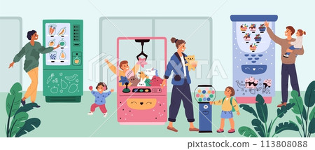 People buying at vending machine. Customers use electronic devices with snacks and toys. Automated product purchase. Retail appliance. Food selling equipment. Garish vector concept People buying at vending machine. Customers use electronic devices with snacks and toys. Automated product purchase. Retail appliance. Food selling equipment. Garish vector concept 113808088